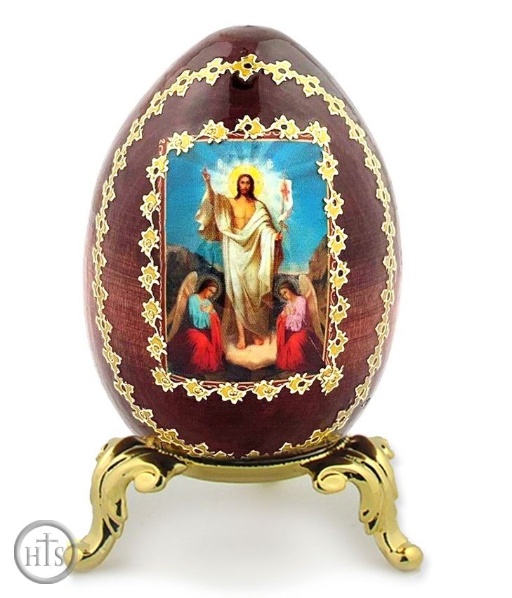HolyTrinity Pic - Resurrection of Christ,    Wooden Decoupage Icon Egg With Stand 