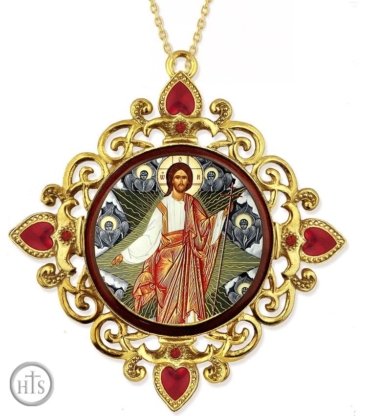Product Photo - Resurrection of Christ, Jeweled Round Framed Icon with Chain