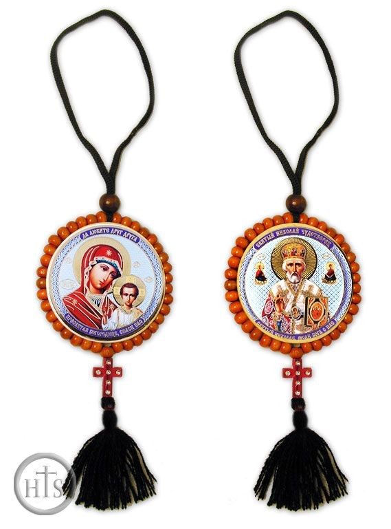 Photo - Reversible Beaded Icon of St Nicholas & Virgin Mary of Kazan on Rope w/Cross 