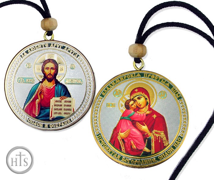 HolyTrinityStore Picture - Virgin of Vladimir/ Christ The Teacher,  Reversible Icon on Rope