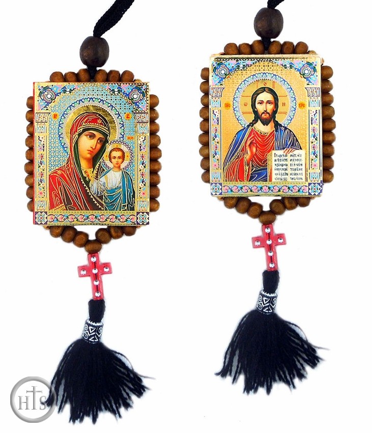 Product Pic - Virgin of Kazan and Christ The Teacher, Reversible Beaded Icons on Rope 