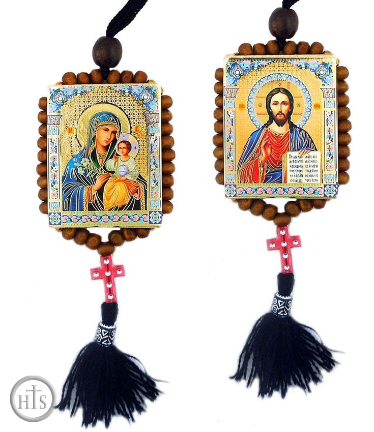 Product Photo - Virgin Mary Eternal Bloom and Christ The Teacher, Reversible Beaded Icons on Rope 