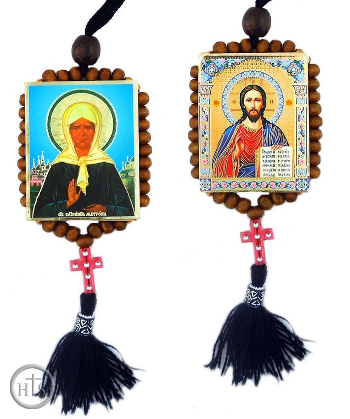 HolyTrinityStore Photo - Christ The Teacher and St.Matrona, Reversible Beaded Icons on Rope 