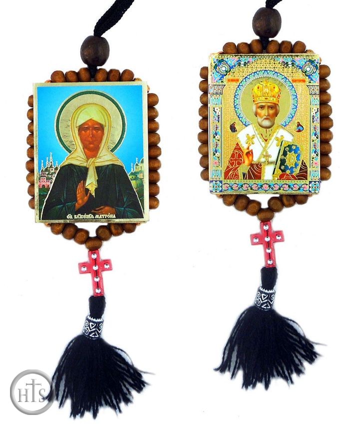 HolyTrinityStore Image - St. Nicholas and St.Matrona, Reversible Beaded Icons on Rope 
