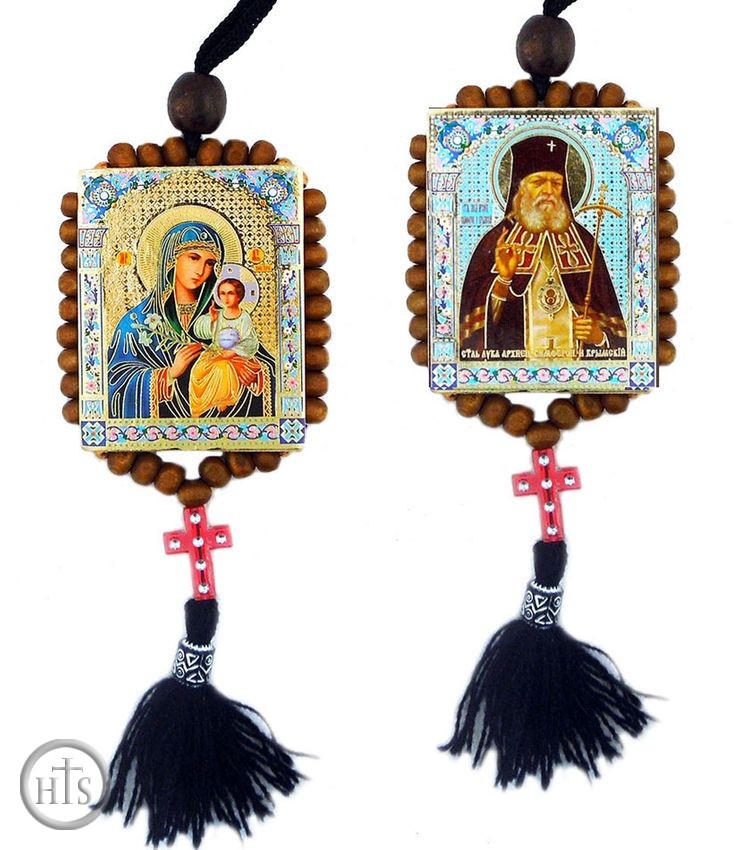 Photo - Virgin Mary of Eternal Bloom and St. Luke, Reversible Beaded Icons on Rope 