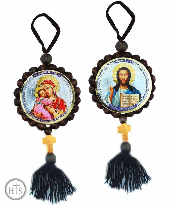 Picture - Virgin of Vladimir and Christ The Teacher, Reversible Beaded Icons on Rope 