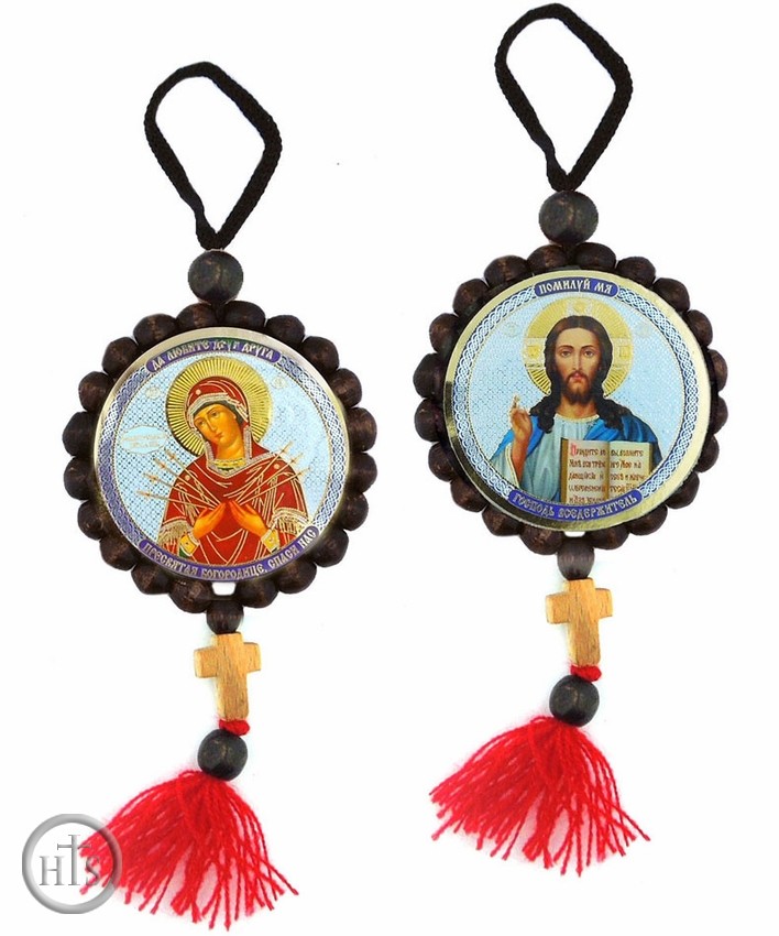 Product Pic - Virgin Mary Of Seven Swords and Christ The Teacher, Reversible Beaded Icons on Rope 