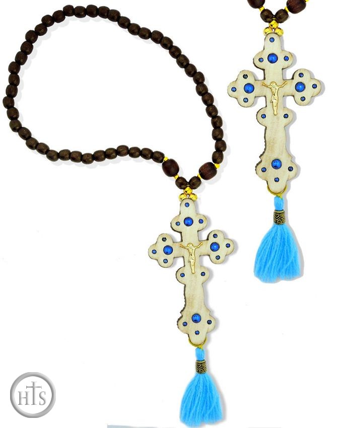 HolyTrinityStore Picture - Reversible Wooden Cross with Beads, Blue Tassel