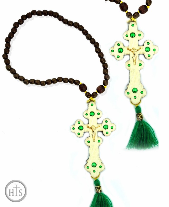 HolyTrinityStore Picture - Reversible Wooden Cross with Beads, Green  Tassel