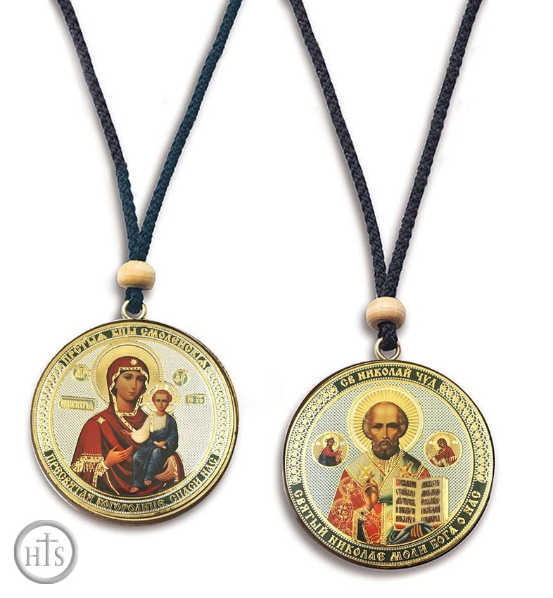 Pic - Virgin of Smolensk & St Nicholas, Reversible Icon on Rope