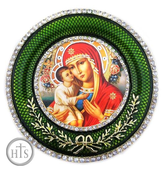 Pic - Virgin Mary Zirovitskaya - Flowers   Icon in Round Style Frame with Stand