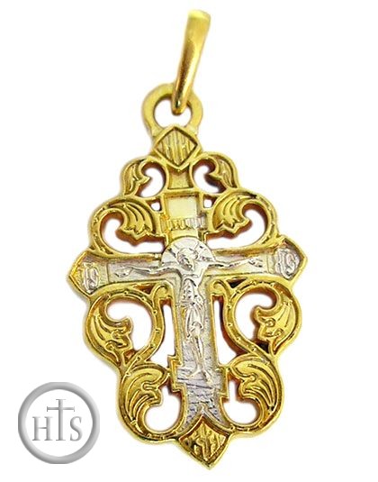 Product Pic - Russian Cross with Decorative Border, Sterling Silver, Gold Plated 