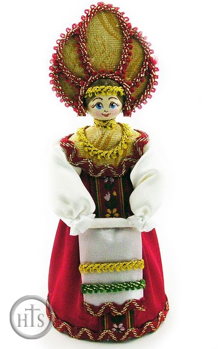 Product Photo - Russian Folk  Doll,  Hand Made With Wooden Head & Braided Hair, Red Dress