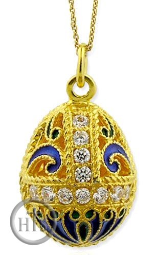 Product Image - Russian Style Pendant Egg, Sterling Silver, Gold Plated, Blue