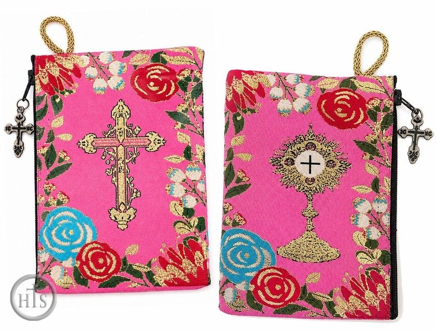 Pic - Blessed Sacrament Monstrance and Cross, Tapestry Pouch Case, Pink