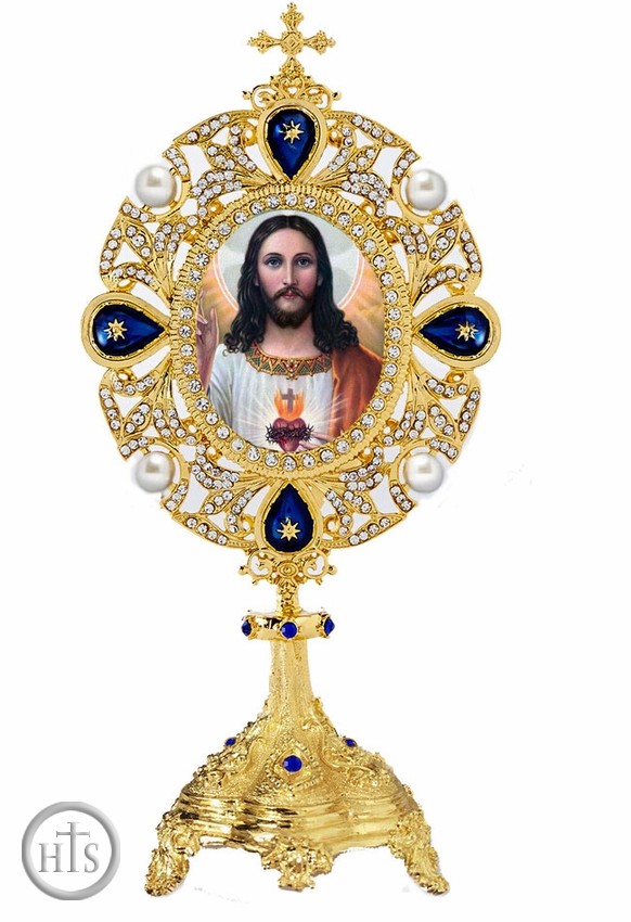 Product Image - Sacred Heart of Jesus Icon in Pearl Jeweled Shrine, Blue Crystals