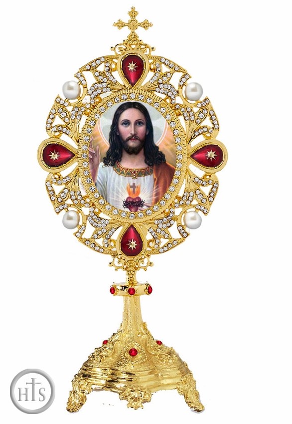 Picture - Sacred Heart of Jesus Icon in Pearl Jeweled Shrine, Red Crystals