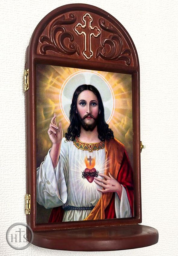 Photo - Sacred Heart of Jesus, Gold Foil Icon Wooden Shrine With Shelf 