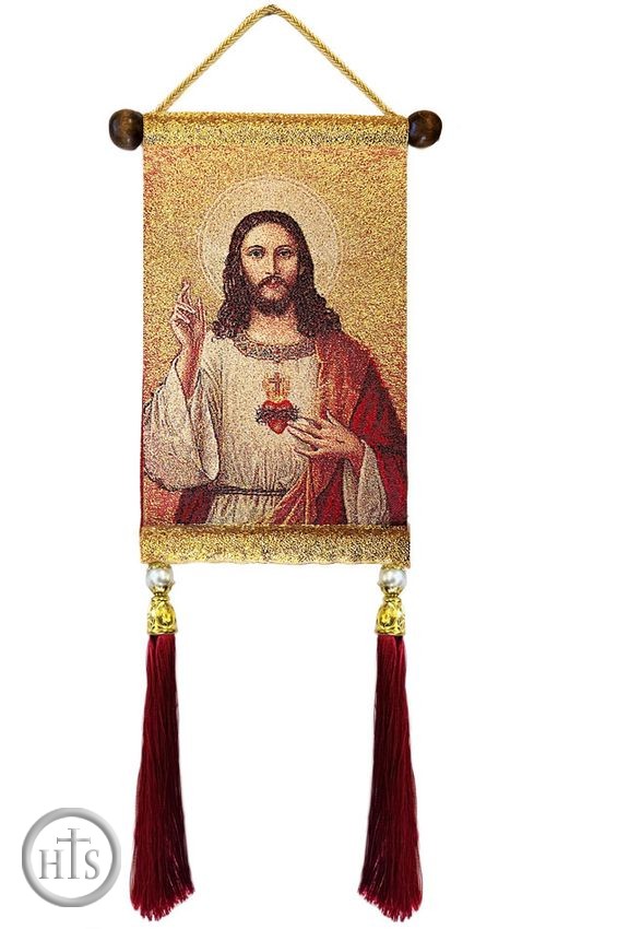 Pic - Sacred Heart of Jesus, Hanging Tapestry Icon Banner With Tassels