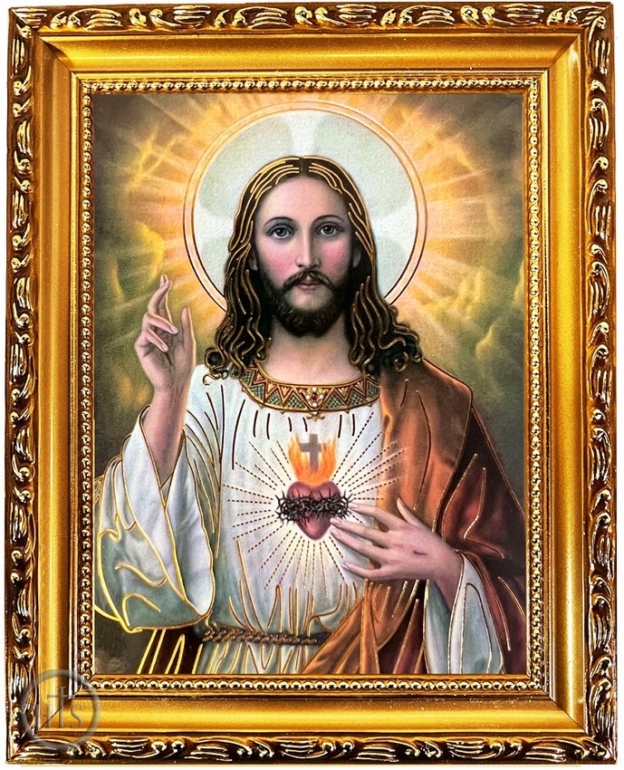 Picture - Sacred Heart of Jesus, Wooden Frame Gold Foil Icon with Stand