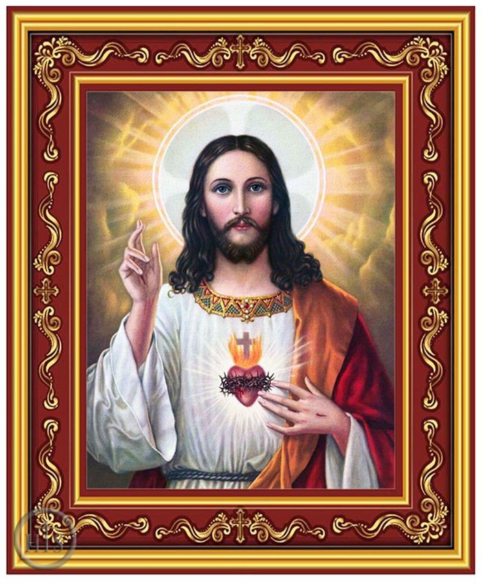 Pic - Sacred Heart of Jesus, Gold Foil Icon in Frame with Stand