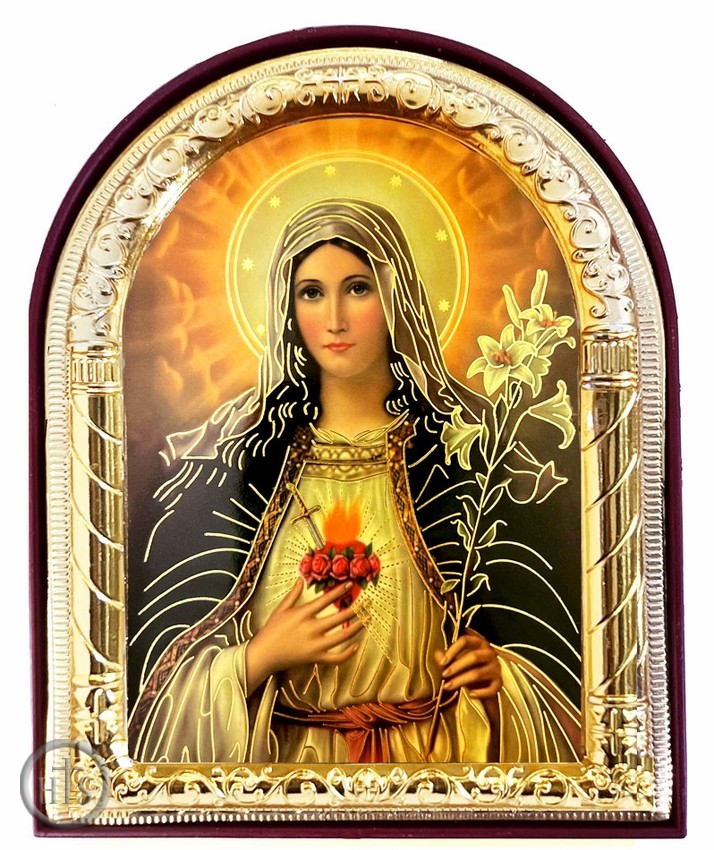 Product Pic - Sacred Heart of Virgin Mary, Arched Icon with Stand