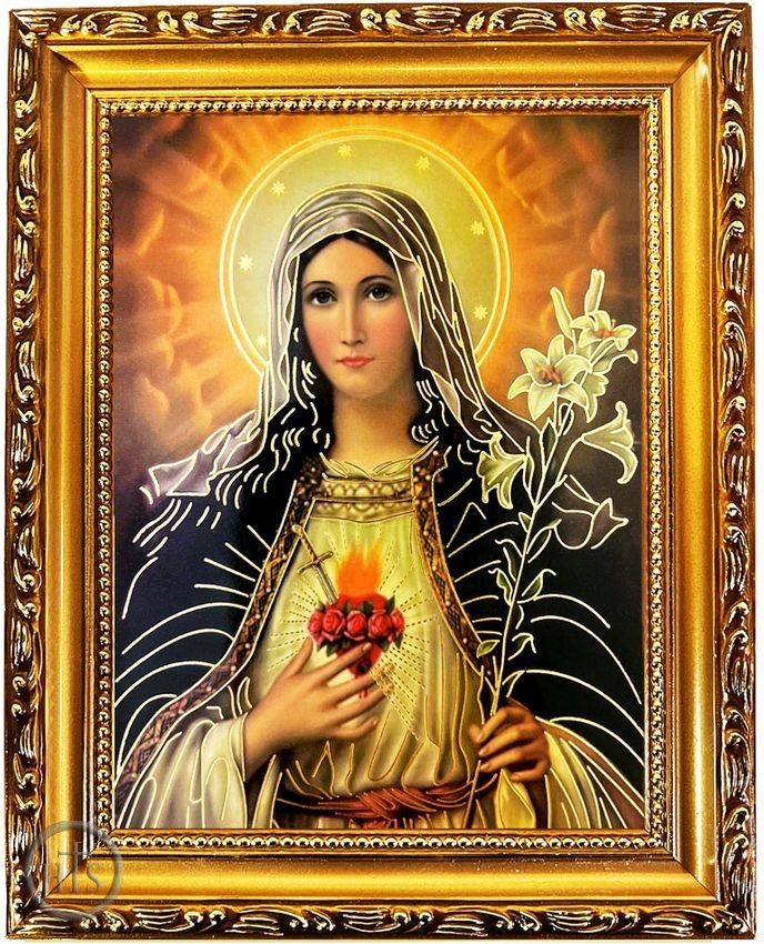 Picture - Sacred Heart of Virgin Mary, Wooden Frame Gold Foil Icon with Stand