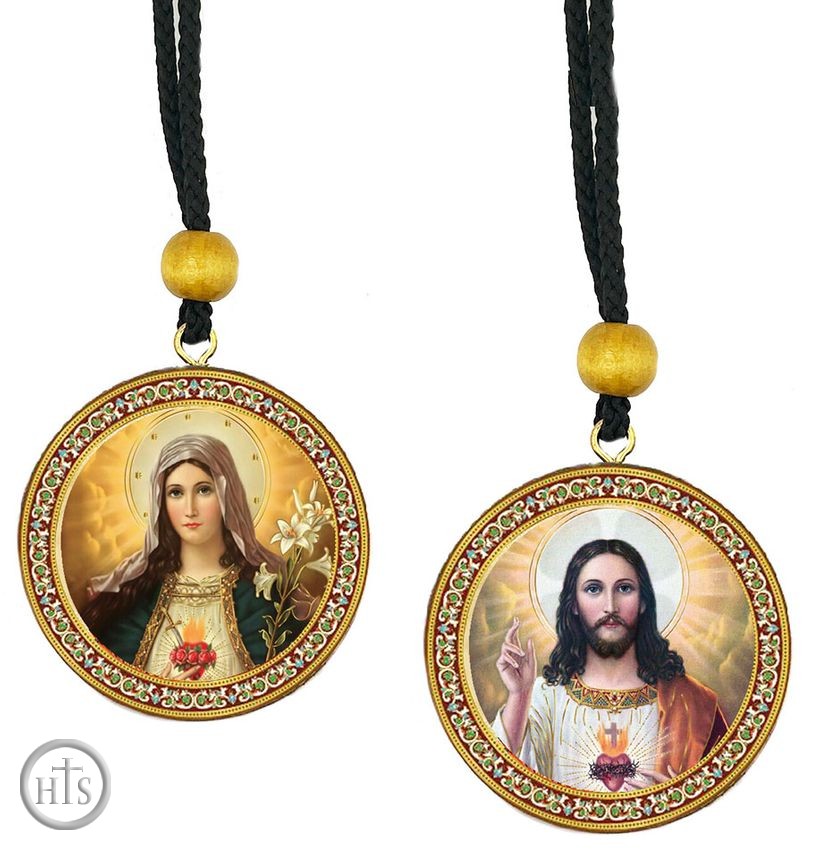 HolyTrinityStore Image - Sacred Hearts of Mary & Jesus, Reversible Icons on Rope