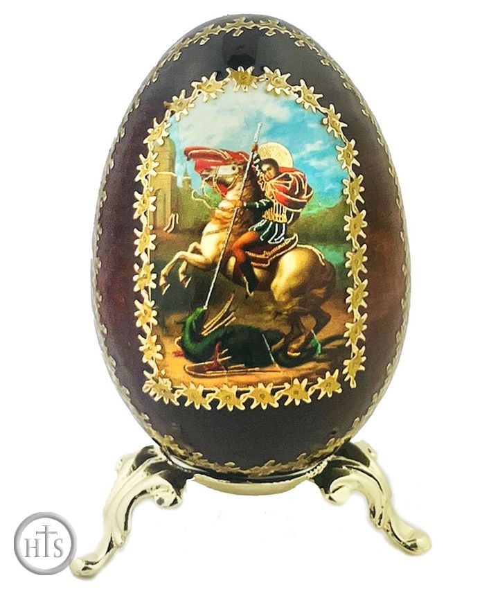 Pic - Saint George Icon Egg on Gold Metal Stand
