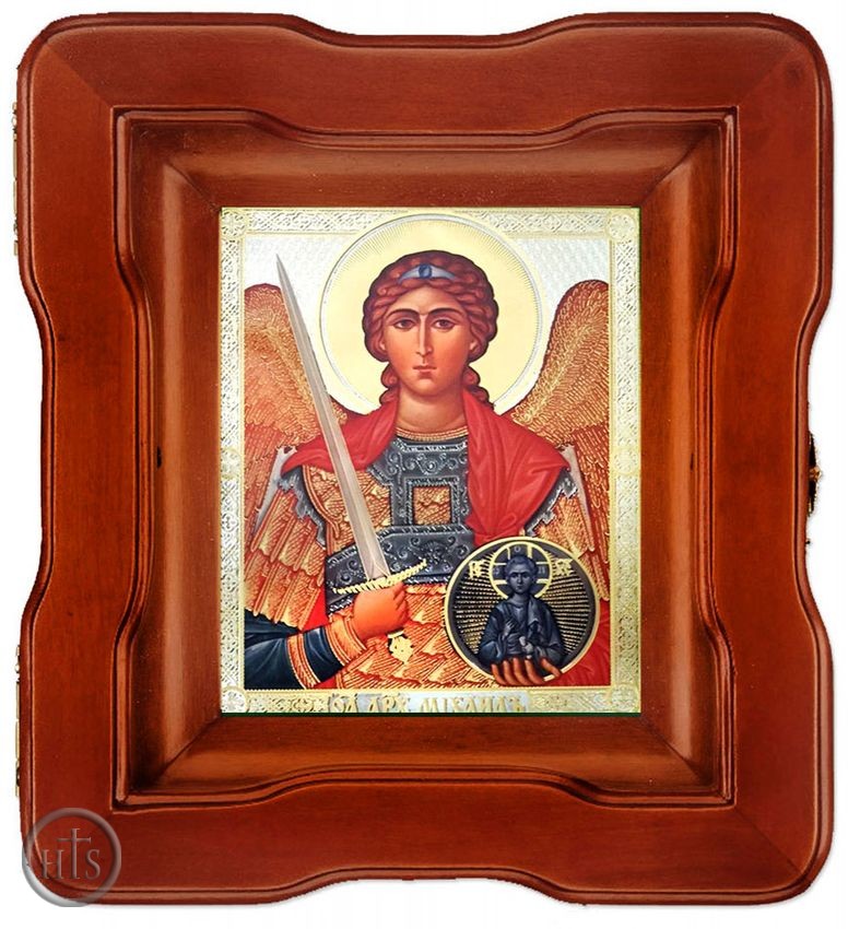 Product Pic - Archangel Michael, Orthodox Christian Icon in Open Up Wood Kiot With Glass 