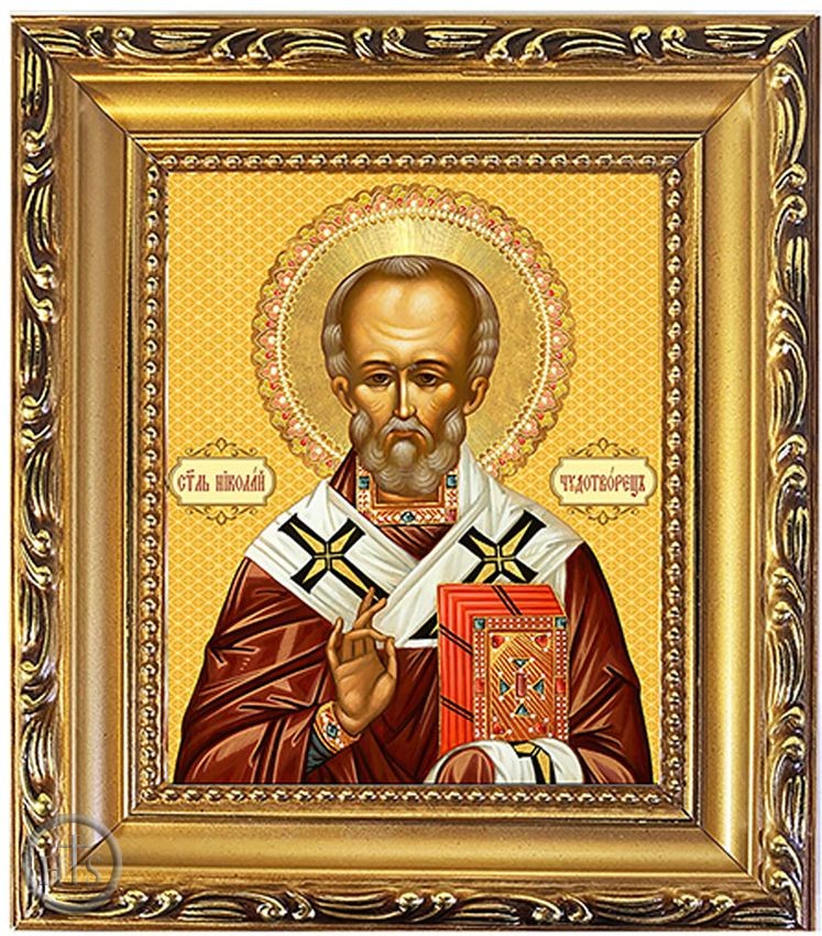 HolyTrinityStore Photo - Saint Nicholas, Wooden Frame Gold Foil Icon with Stand