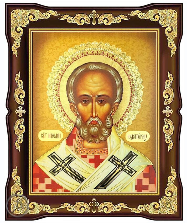Product Photo - St. Nicholas the Wonderworker, Framed Gold Foil Icon with Stand
