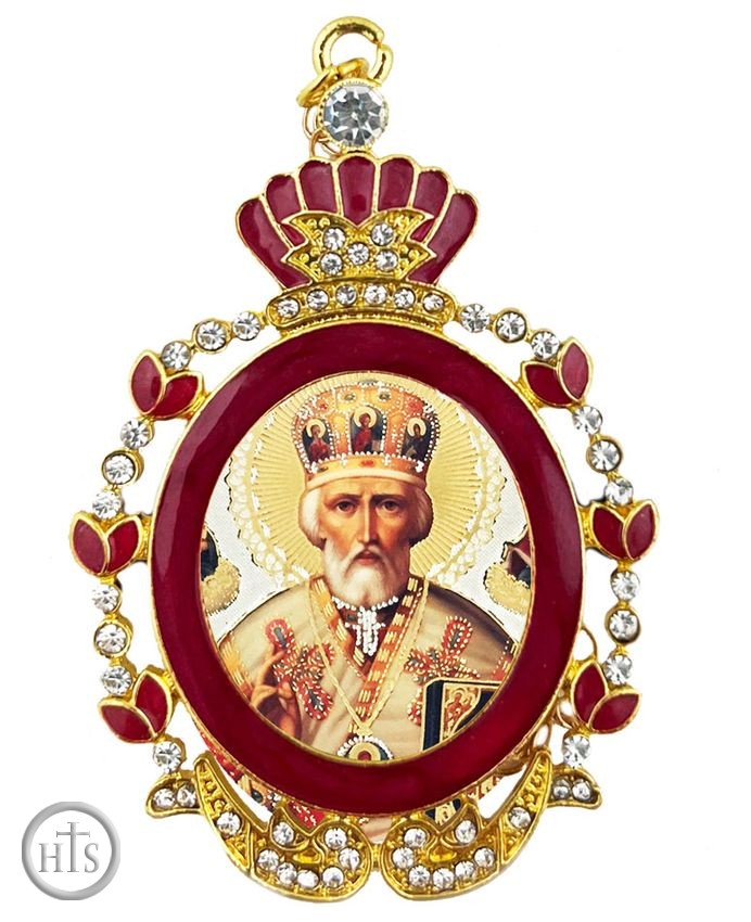 Product Picture - Saint Nicholas, Enamel Framed  Icon  with Chain & Bow 