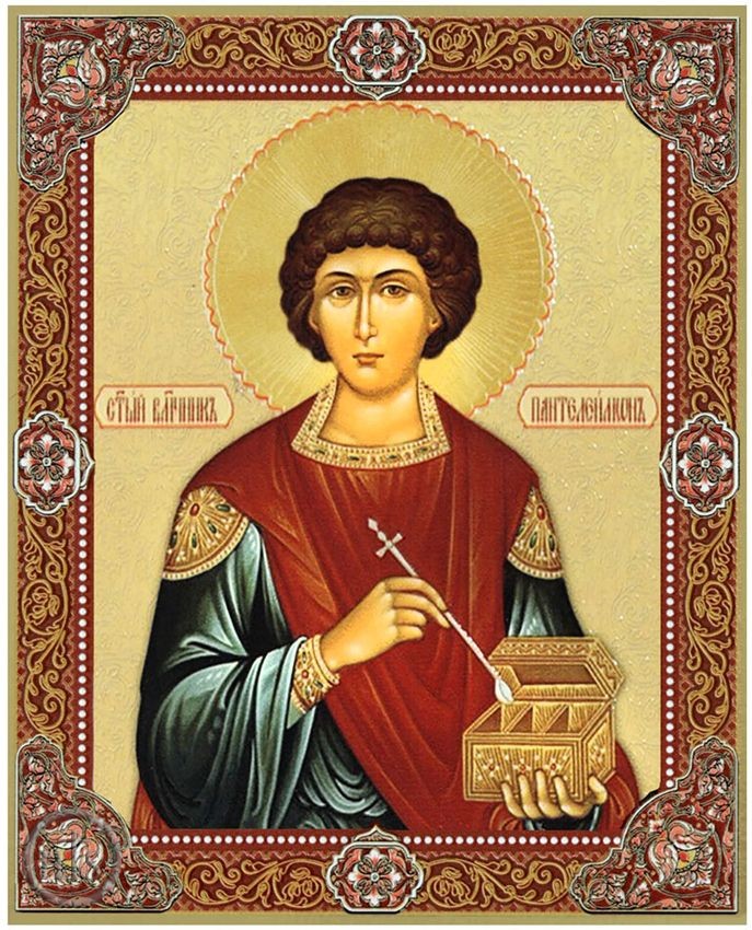 Product Picture - Saint Panteleimon The Healer, Gold Foil Orthodox Icon with Stand 