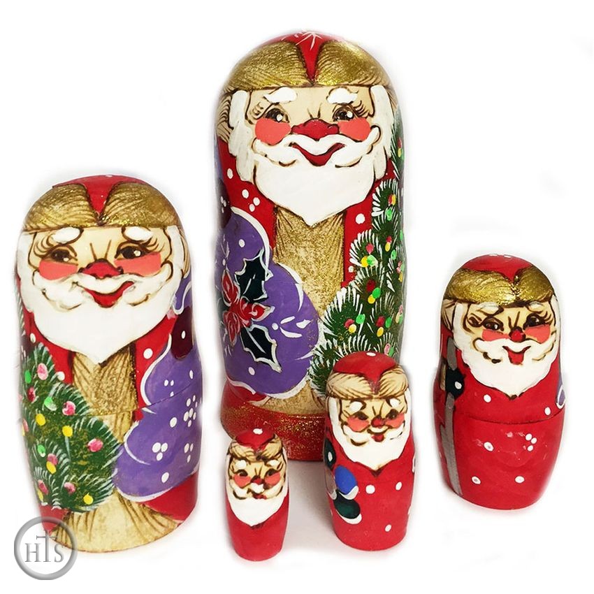 HolyTrinity Pic - Wooden Santa 5 Nesting Dolls, Hand Carved and Hand Painted 
