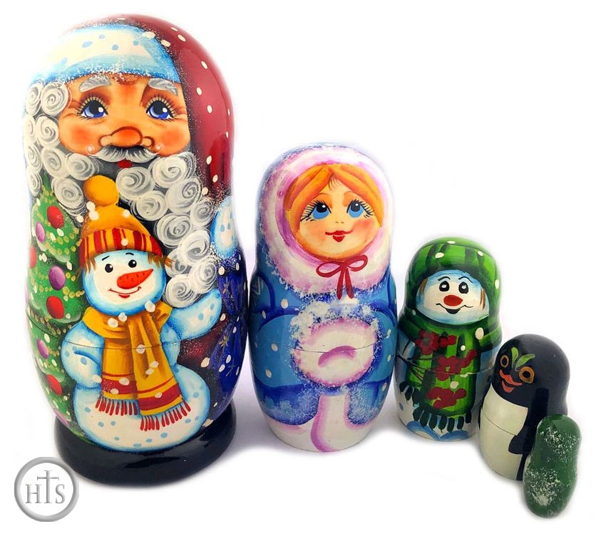 HolyTrinityStore Picture - 5 Nesting Wooden Doll with Snowman, Snow Maiden and Penguin