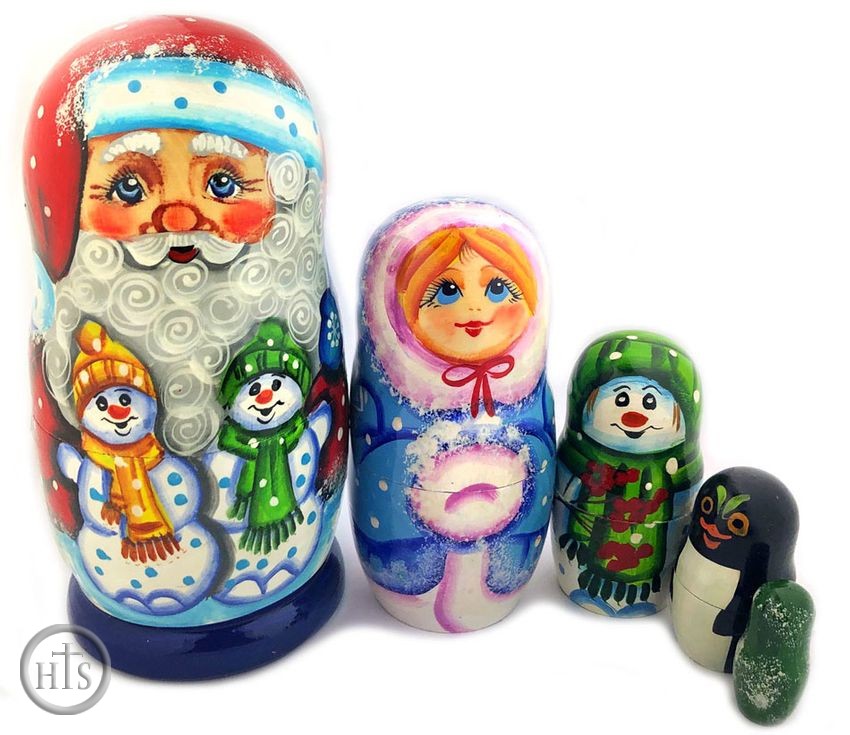 HolyTrinity Pic - 5 Nesting Wooden Doll with Santa, Snow Maiden and Penguin