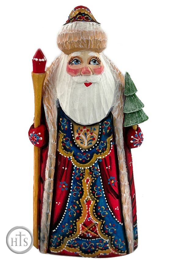 Photo - Santa (Father Frost) Holding Tree, Wood Carved, Hand Painted, 6 1/2