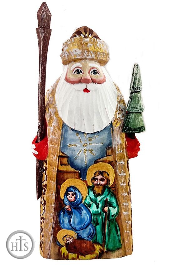 HolyTrinityStore Picture - Santa (Father Frost) Holding Tree, Wood Carved, Hand Painted, 7