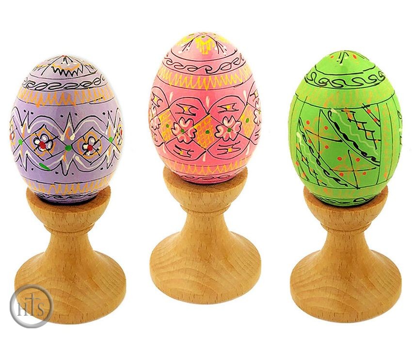 HolyTrinity Pic - Set of 3 Pastel Colors Pysanky Easter Wooden Eggs on Stand
