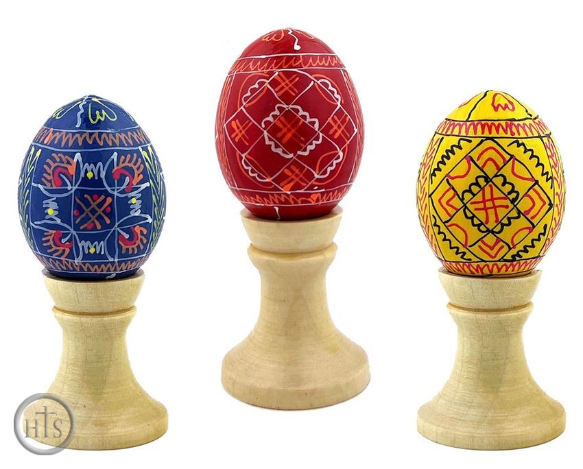 Photo - Set of 3 Assorted Colors Pysanky Easter Wooden Eggs on Stand