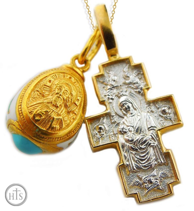 Picture - Set of Sterling Silver, Gold Plated Cross,  Gold Plated Egg Pendant and Chain