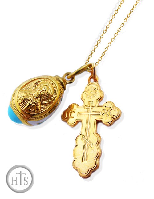 HolyTrinityStore Photo - Set of Sterling Silver, Gold Plated Cross,  Gold Plated Egg Pendant and Chain
