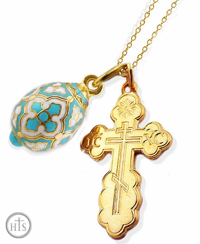 Product Picture - Set of Sterling Silver, Gold Plated Cross,  Gold Plated Egg Pendant and Chain