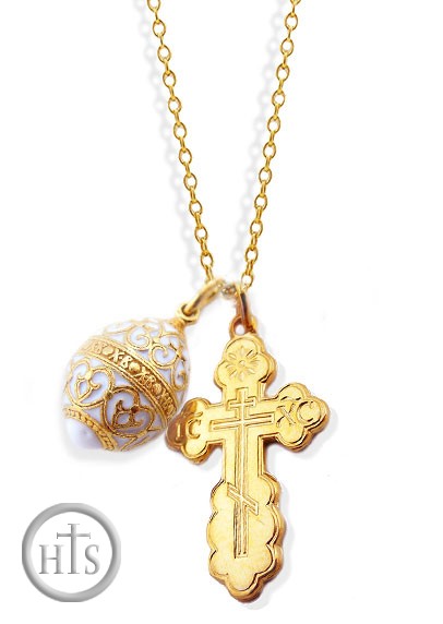 Product Photo - Set of Sterling Silver, Gold Plated Cross,  Gold Plated Egg Pendant and Chain