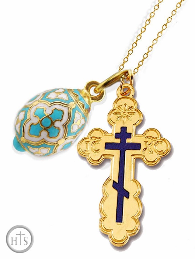 HolyTrinityStore Photo - Set of Gold Plated St. Olga Cross,  Gold Plated Egg Pendant and Chain