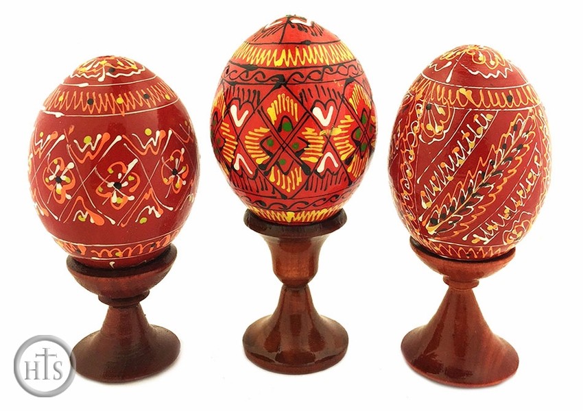 HolyTrinityStore Photo - Set of 3 Red Pysanky Easter Wooden Eggs on Stand