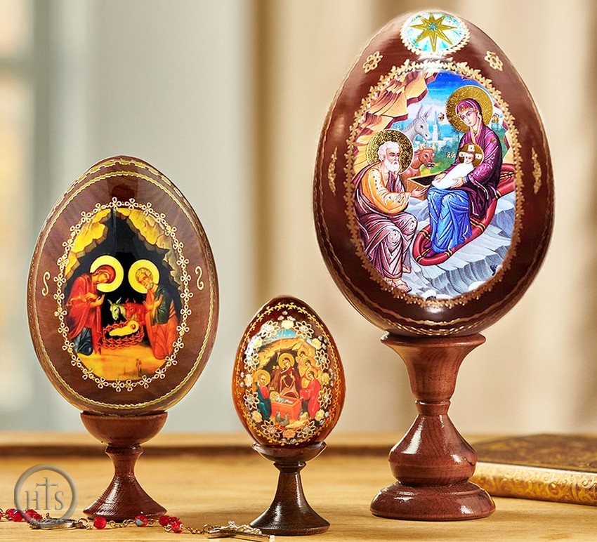 HolyTrinityStore Picture - The Nativity, Set of 3 Wooden Icons Eggs with Stand Holders
