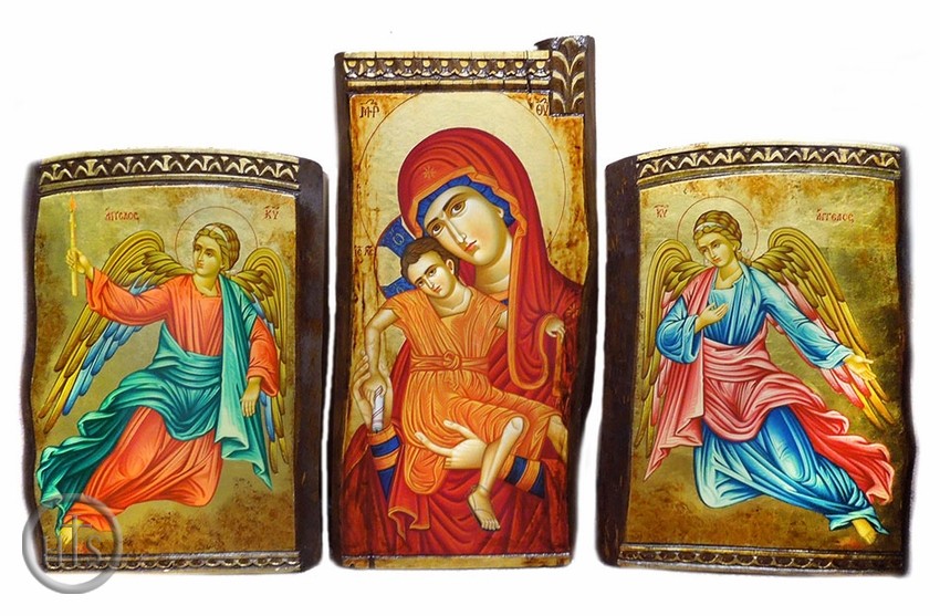 Product Photo - Virgin Mary and Child with Angels, Set of 3 Orthodox Icons, Hand Painted