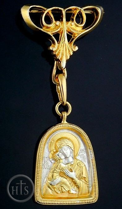 Product Photo - Set of  the Reversible Icon Pendant Virgin of Vladimir and Gold Gilded  Pin